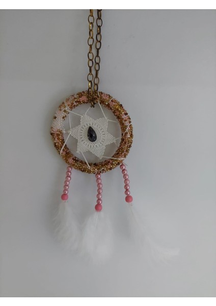 Dream Catcher Düş Kapanı Tüylü Asmalık 8 cm Çap El Yapım Dantel Yıldız Taşlı Boncuklu 1 Adet
