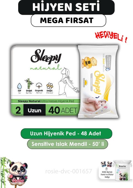 Natural Ultra Hassas Hijyenik Ped Uzun 40 Adet, Sensitive 50'li Islak Mendil ve Rosıe