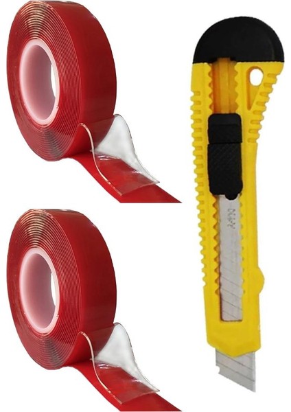 Çift Taraflı Bant Silikonlu Süper Güçlü Çivisiz Montaj Bandı ve Maket Bıçağı 1 Adet 18MM x 2 Metre Extra Yüksek Mukavemetli