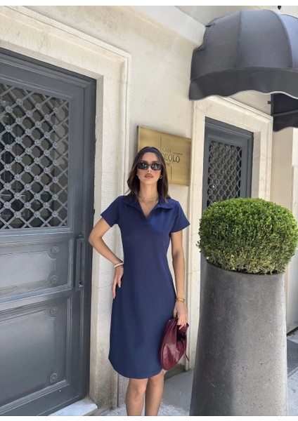 Osy Modal Yumuşak Dokulu Kumaş Yakalı Kısa Kollu Elbise - Mavi modelleri