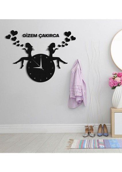 Siyah Ahşap Kişiye Özel Saatli Duvar Dekorasyonu 100 x 70 cm - Salon Oturma Yatak Genç Odası