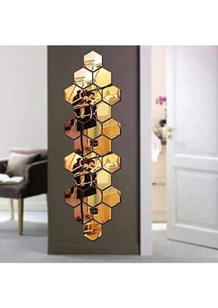 Bal Peteği 12LI Aynalı Gold Pleksi Duvar Dekorasyonu - Yatak Oturma Salon Için Duvar Dekoru 7,5x8,5