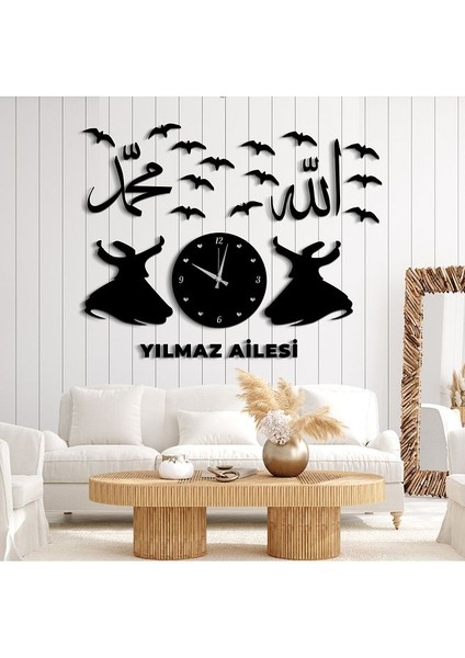 Aile Konsepti Kişiye Özel Saatli Dini Tablo Seti 100 x 80 cm - Salon Oturma Odası Mutfak Için