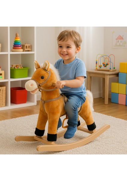 Unicorn Sallanan At | Ahşap Ayaklı Müzikli 65 cm | Çocuklar Için Yumuşak ve Güvenli Eğlence