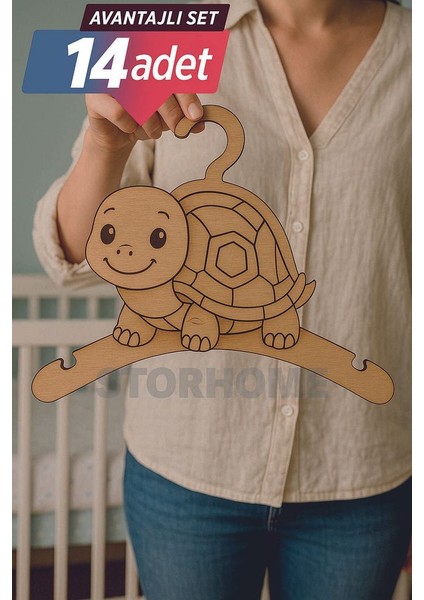 14'lü Lazer Kesim Ahşap Kaplumbağa Figürlü Bebek Askılığı Bebek Odası Için Doğal, Sevimli Dayanıklı