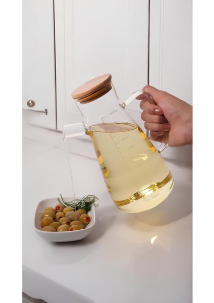 Şeffaf 1000 ml Bambu Kapaklı Sürahi Yağlık Sirkelik, Turuncu, 11 L, 1 Parça