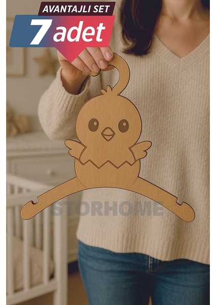 7'li Lazer Kesim Ahşap Civciv Figürlü Bebek Askılığı Bebek Odası Için Doğal, Sevimli ve Dayanıklı
