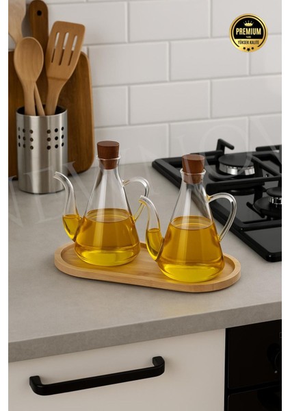 2’li Cam Yağdanlık ve Sirkelik Seti, Bambu Altlıklı, Şık ve Kullanışlı, 500 ml