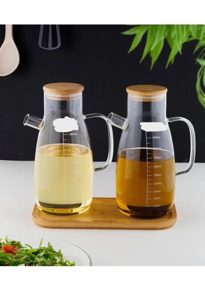 Bambu Standlı 2’li 900 ml Borosilikcam Bambu Kapaklı Yağdanlık Set Ayçiçek Zeytinyağı