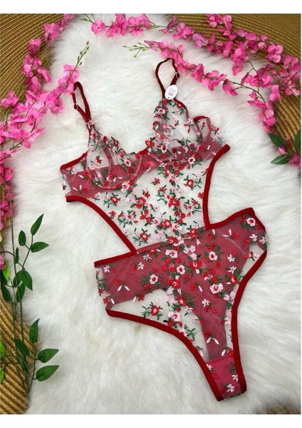 Bayan Tüllü Body Suit 123 Kırmızı