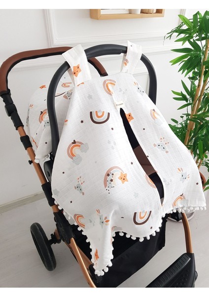 Gökkuşağı Ponponlu Bebek Puset Örtüsü