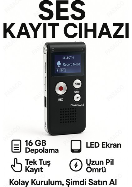 Taşınabilir Dijital Ses Kayıt Cihazı – LED Ekranlı, 16GB Depolama