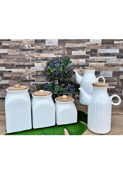 5 Parça Porselen Kavanoz Takımı, 1000 ml, Yağlık ve Bakliyat Seti, Beyaz
