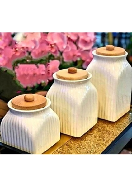 5 Parça Porselen Kavanoz Takımı, 1000 ml, Yağlık ve Bakliyat Seti, Beyaz