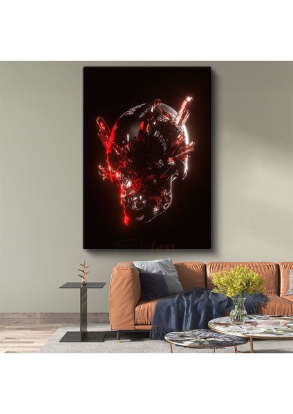 Dijital Kafatası - Kırmızı Kristal Efektli Modern Sanat Kanvas Tablo