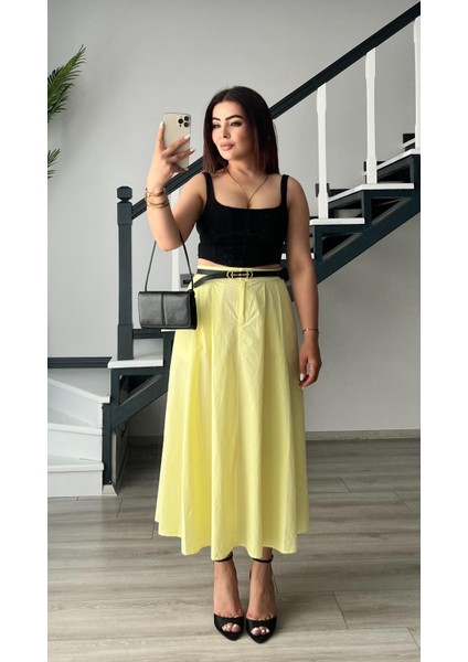 Sarı Pamuklu Poplin Kloş Etek