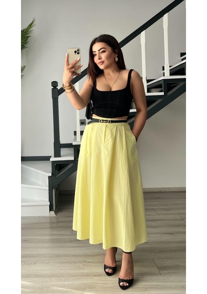 Sarı Pamuklu Poplin Kloş Etek