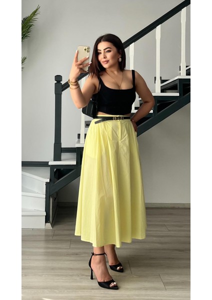 Sarı Pamuklu Poplin Kloş Etek