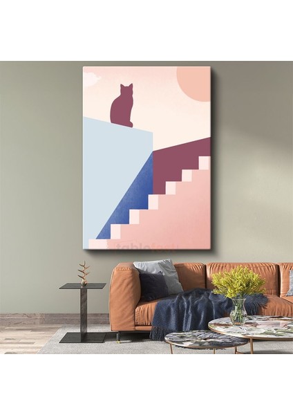 Kedi Silueti - Geometrik Merdivenler ve Pastel Tonlar Kanvas Tablo