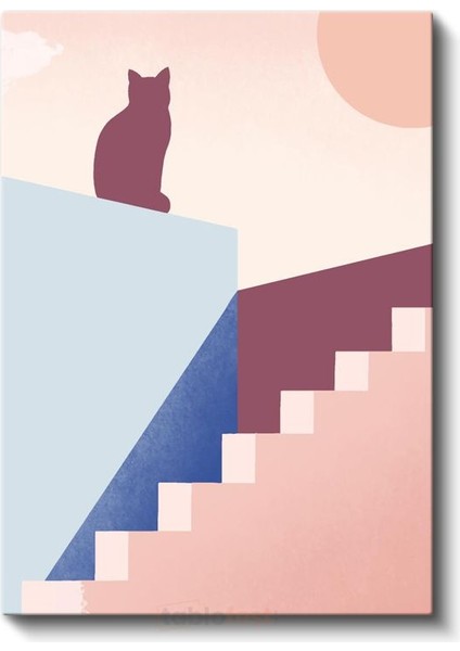 Kedi Silueti - Geometrik Merdivenler ve Pastel Tonlar Kanvas Tablo fiyatları