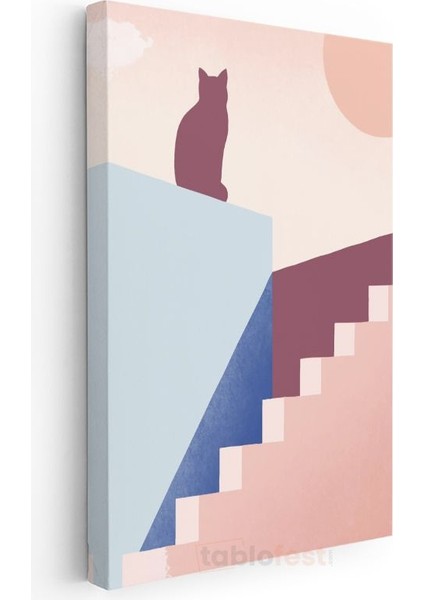 Kedi Silueti - Geometrik Merdivenler ve Pastel Tonlar Kanvas Tablo modelleri