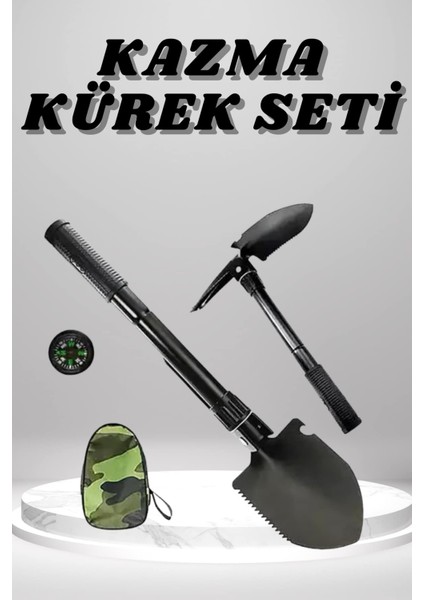 Teknorod Kazma Kürek Seti Pusulalı Katlanır Portatif Kazma Kürek Seti Çok Fonksiyonlu Katlanabilir