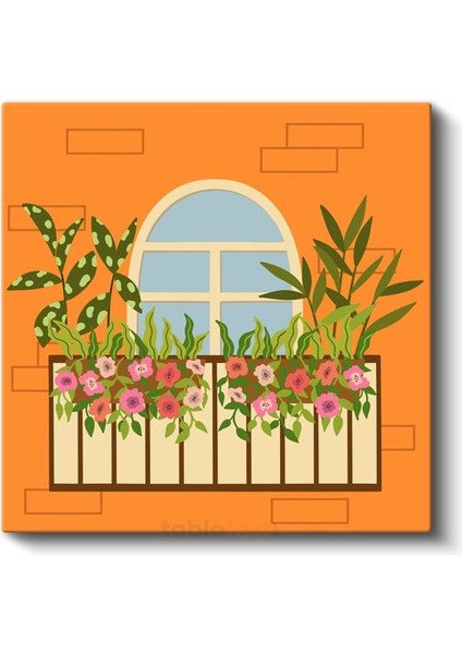 Çiçekli Balkon - Turuncu Sıcaklığında Minimalist Çizgi Sanatı Kanvas Tablo fiyatları