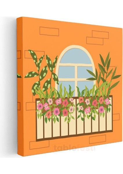 Çiçekli Balkon - Turuncu Sıcaklığında Minimalist Çizgi Sanatı Kanvas Tablo modelleri