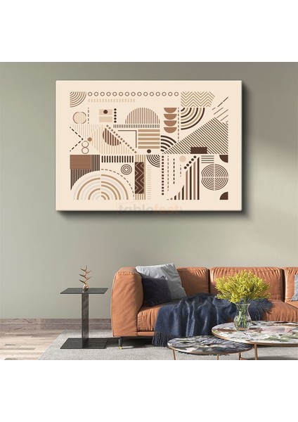 Geometrik Harmoni - Bej Zeminde Modern Çizgisel Desenler Kanvas Tablo