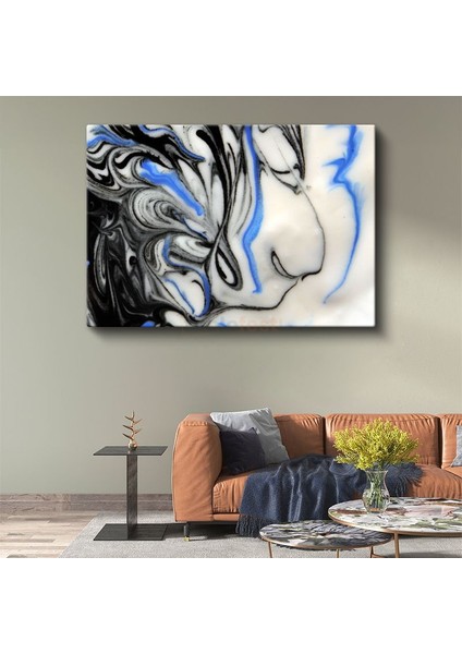 Akışkan Simetri - Siyah Beyaz Mavi Mermerleme Kanvas Tablo