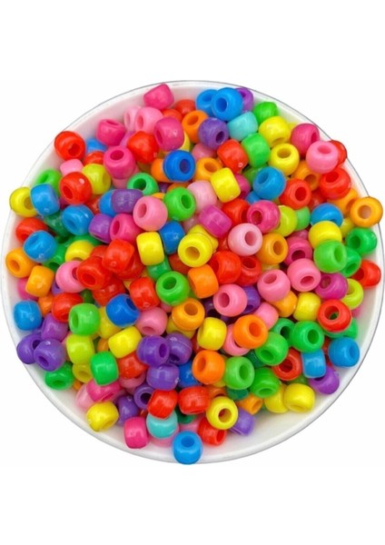 Geniş Delikli Karışık Renkli Plastik BONCUK,9X6MM Yassı Silindir Model Takı Boncuğu (25GR,~60 Adet)