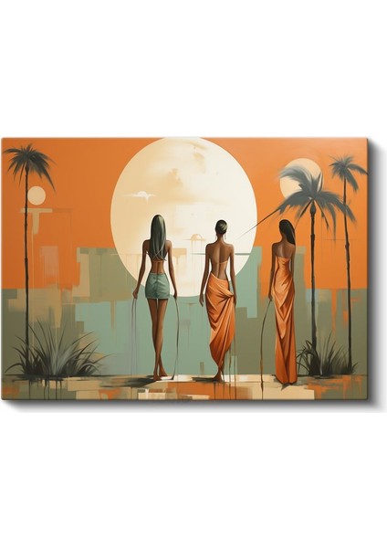 Gün Batımı Silüetler - Turuncu Yeşil Vektörel Kanvas Tablo fiyatları
