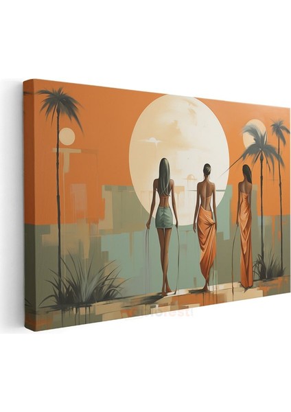 Gün Batımı Silüetler - Turuncu Yeşil Vektörel Kanvas Tablo modelleri