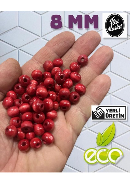 Ekonomik Paket 1 Kilo 8mm Ahşap Boncuk - Kırmızı - ( Ort - 3300-4000 Adet )