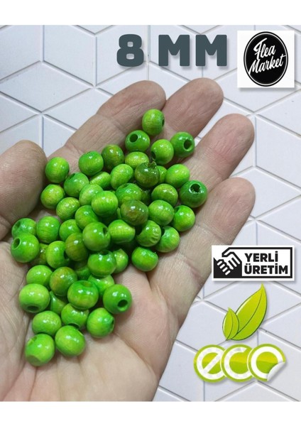 Ekonomik Paket 1 Kilo 8mm Ahşap Boncuk - Yeşil - ( Ort - 3300-4000 Adet )