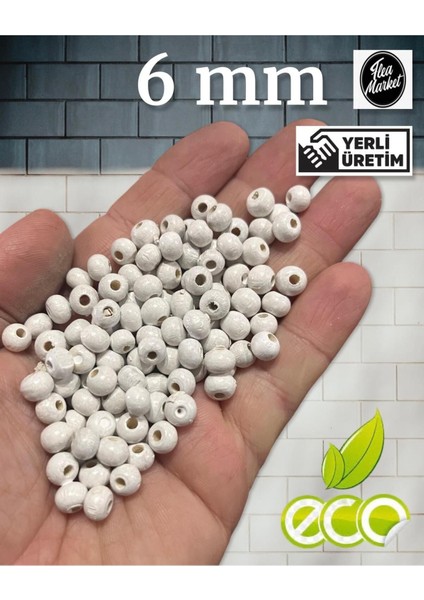 Ekonomik Paket 500 Gram 6mm Ahşap Boncuk - Beyaz - ( Ort - 3200-3500 Adet )