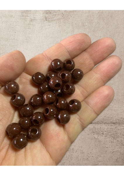 10 mm 100 Adet Dekoratif Kuzu Boncuğu - Kahverengi-Geniş Delikli