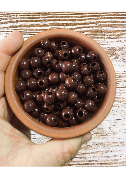 10 mm 100 Adet Dekoratif Kuzu Boncuğu - Kahverengi-Geniş Delikli
