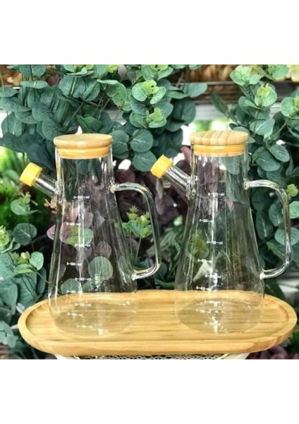 2 Adet 900 ml Bambu Kapaklı Vakumlu Borosilikat Cam Yağlık Sirkelik Borosilikat