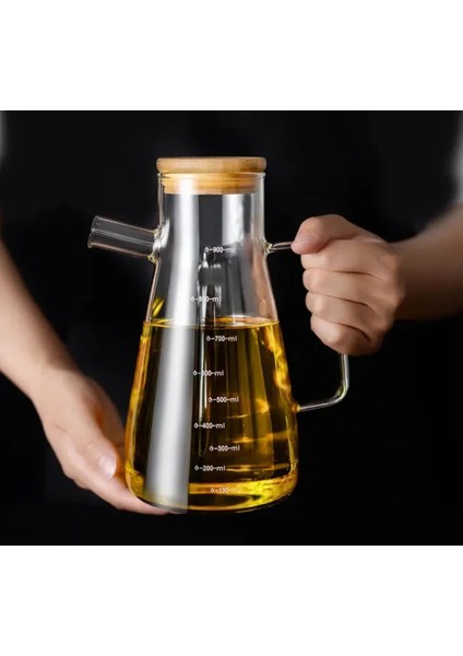 2 Adet 900 ml Bambu Kapaklı Vakumlu Borosilikat Cam Yağlık Sirkelik Borosilikat