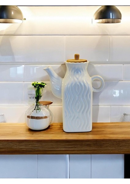 Bambu Kapaklı Seramik Yağdanlık, şık ve kullanışlı mutfak aksesuarı, 650 ml, beyaz