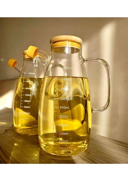 2 Adet Bambu Vakumlu Kapaklı 1000 ml Cam Yağdanlık Seti Takımı