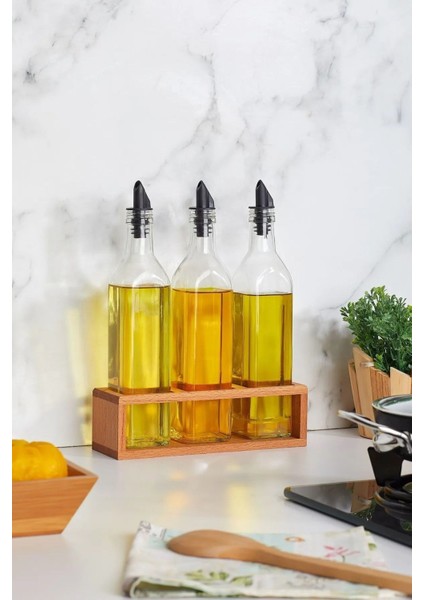 3'lü Kayın Ağaç Yağlık ve Sirkelik Seti, Ahşap Stantlı, 500 ml, Bej Renk