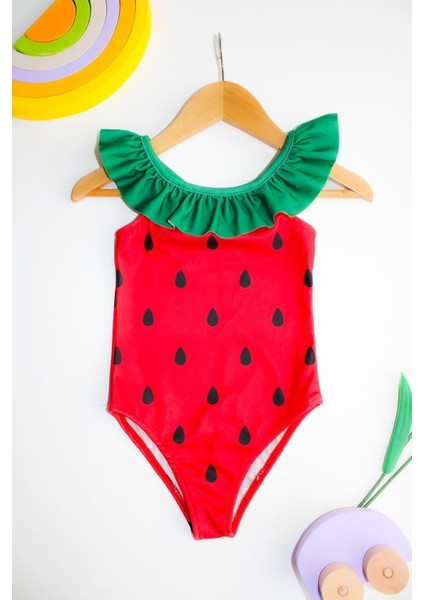 Kız Çocuk Fırfırlı Arkası Çapraz Çilek Baskılı Yeşil Kırmızı Renk Çocuk Mayo