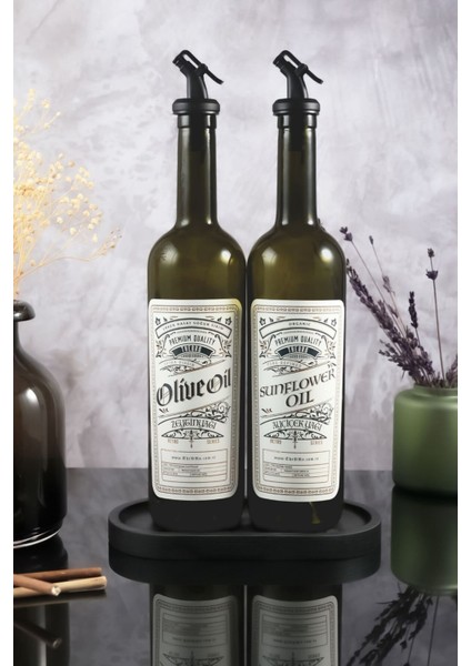750 ml Retro Serisi Mat Siyah Ahşap Stantlı Zeytinyağı Şişesi,ayçiçek Yağı Şişesi,yağdanlık