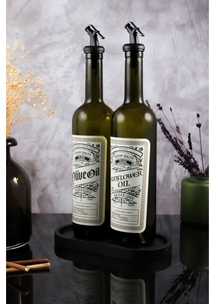 750 ml Retro Serisi Mat Siyah Ahşap Stantlı Zeytinyağı Şişesi,ayçiçek Yağı Şişesi,yağdanlık