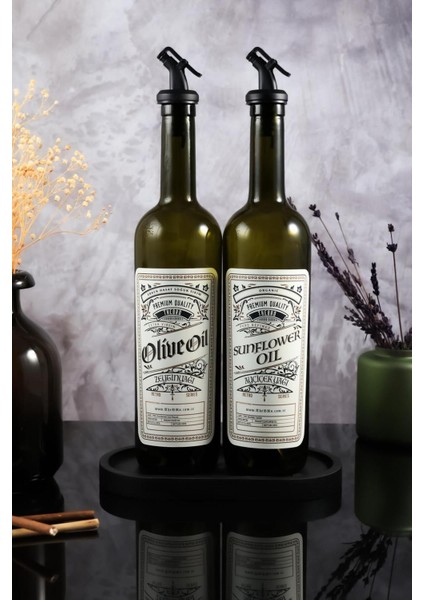 750 ml Retro Serisi Mat Siyah Ahşap Stantlı Zeytinyağı Şişesi,ayçiçek Yağı Şişesi,yağdanlık