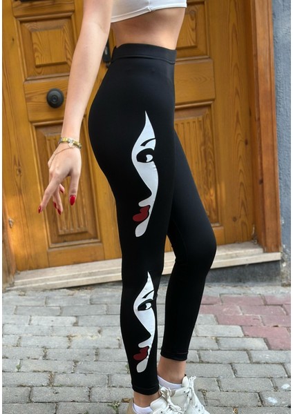 Kadın Yüz Baskılı Dalgıç Tayt - SIYAH-JAN14482 fiyatları