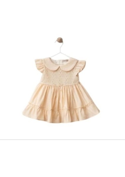 Sarembaby Wondress Dantel Garnili- Yazlık Bebe Yaka Elbise/ 9-24 Ay-Somon-Kahverengi -Keten