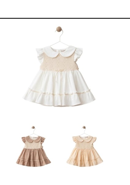 Sarembaby Wondress Dantel Garnili- Yazlık Bebe Yaka Elbise/ 9-24 Ay-Somon-Kahverengi -Keten